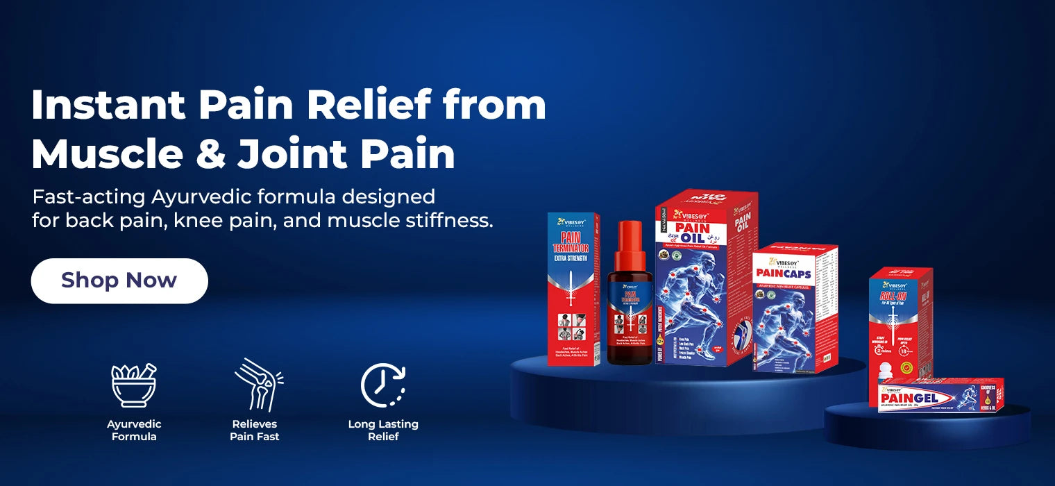 Vibesay homepage banner for Ayurvedic pain relief products, featuring the text 'Instant Pain Relief from Muscle & Joint Pain' with a display of pain oil, capsules, gel, and roll-on.